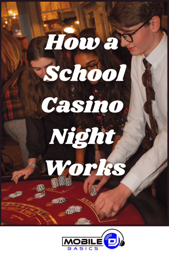 Three young people play at a casino table with chips; the text overlay reads, "How a School Casino Night Works."