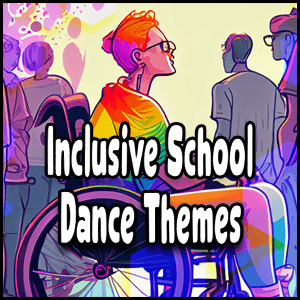 A student in a wheelchair with a rainbow shirt is surrounded by others, reflecting Inclusive School Dance Themes. Text reads: "Inclusive School Dance Themes.