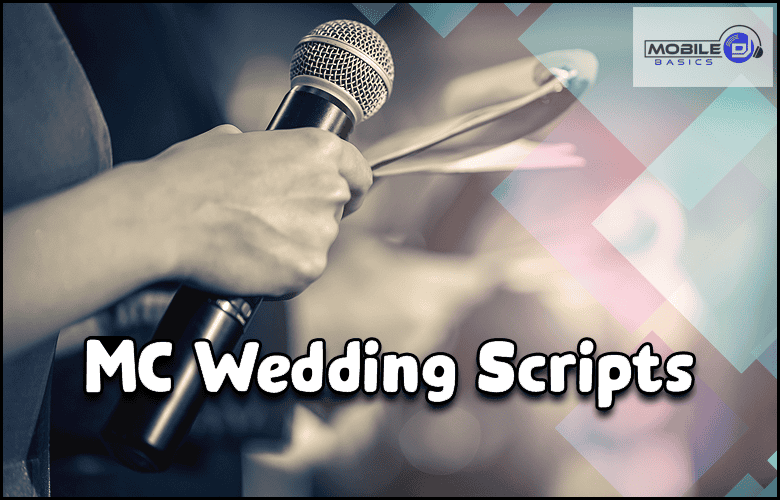 Person holding a microphone and papers, with overlay text reading "Master of Ceremony Wedding Scripts" and a "Mobile Basics" logo in the corner.