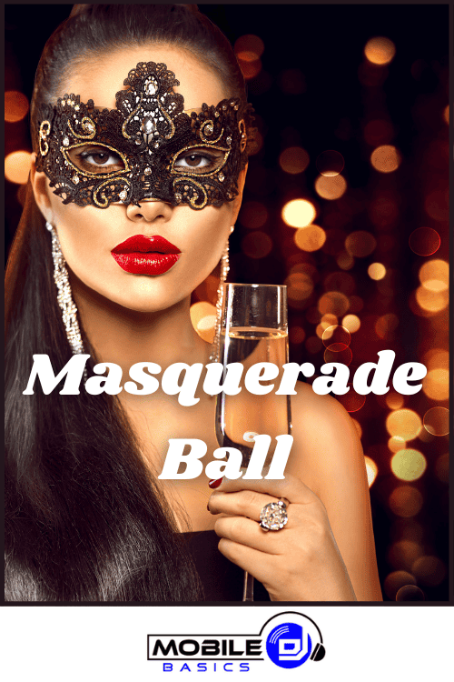 Guest in formal attire and mask at a masquerade ball dance