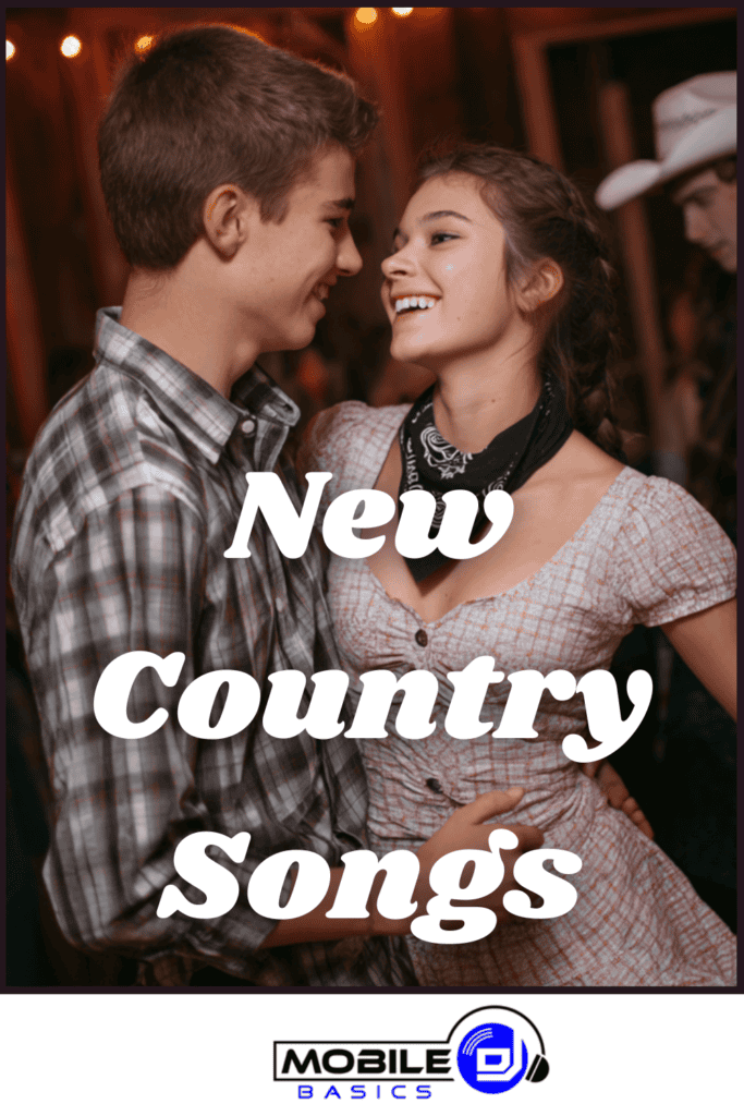 A teenage couple in plaid shirts smile and dance together at a country-themed event, capturing the spirit of a perfect school dance playlist. Text reads “New Country Songs” above a Mobile DJ Basics logo.