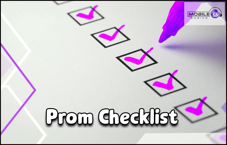 A Prom Checklist with purple check marks is shown, labeled "Prom Checklist." A purple marker ticks off a box, while the Mobile DJ Basics logo sits in the top right corner.