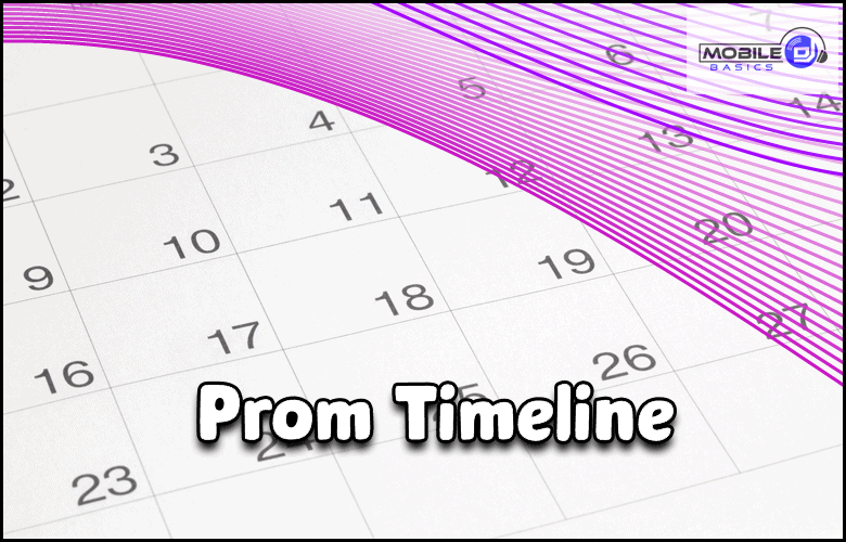 A calendar with a curved pink and purple graphic overlay, bold "Prom Timeline" text at the center, and the Mobile Basics logo in the upper right corner highlights important prom dates at a glance.