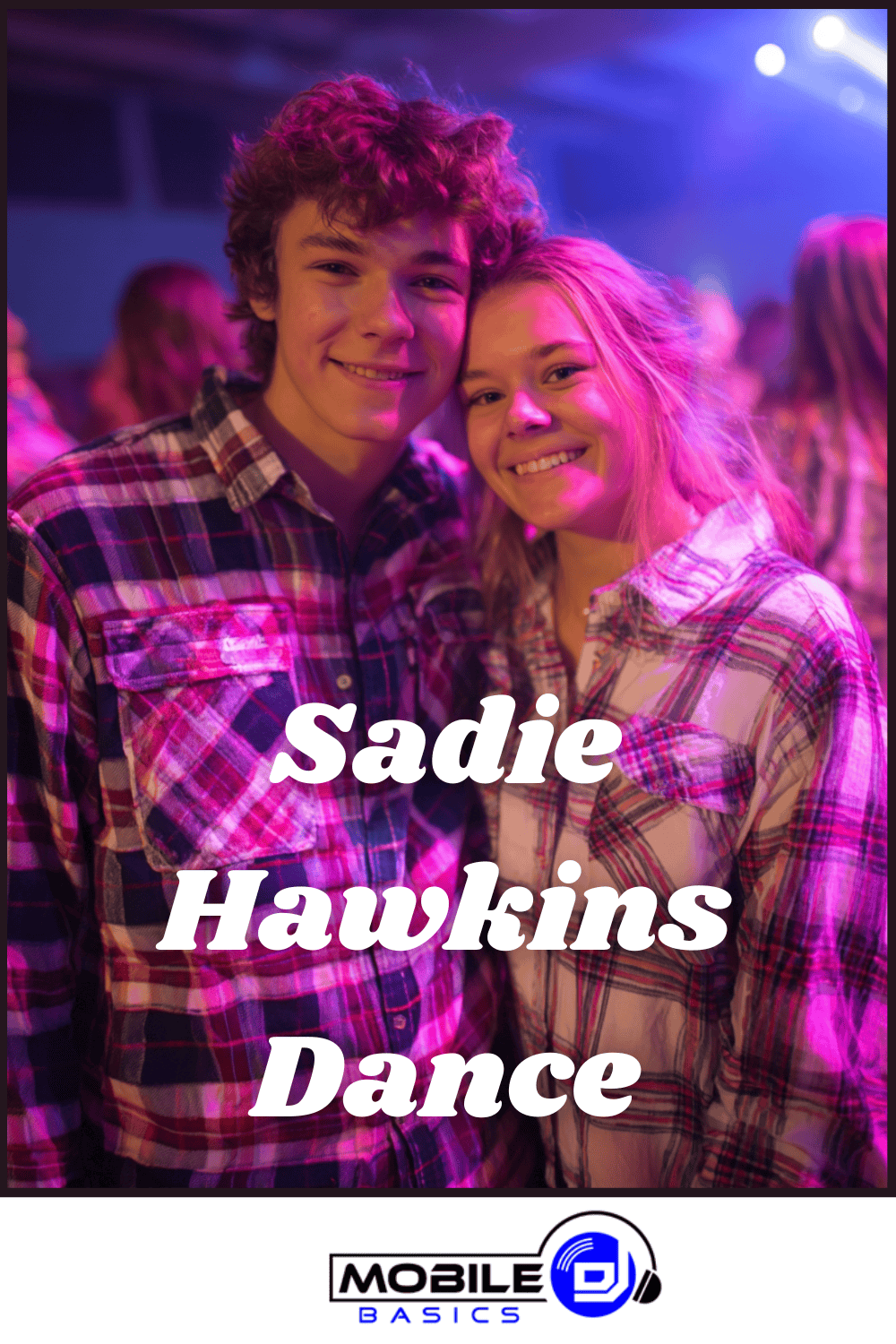 Two smiling teenagers wearing plaid shirts pose together at a Sadie Hawkins dance, surrounded by western dance decorations and colorful lights, with other attendees visible in the background.