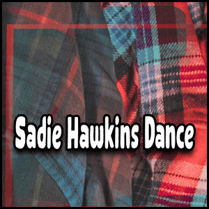 Plaid fabric background featuring the bold white letters “Sadie Hawkins Dance,” outlined in black, capturing the spirit of a classic Sadie Hawkins Dance event.