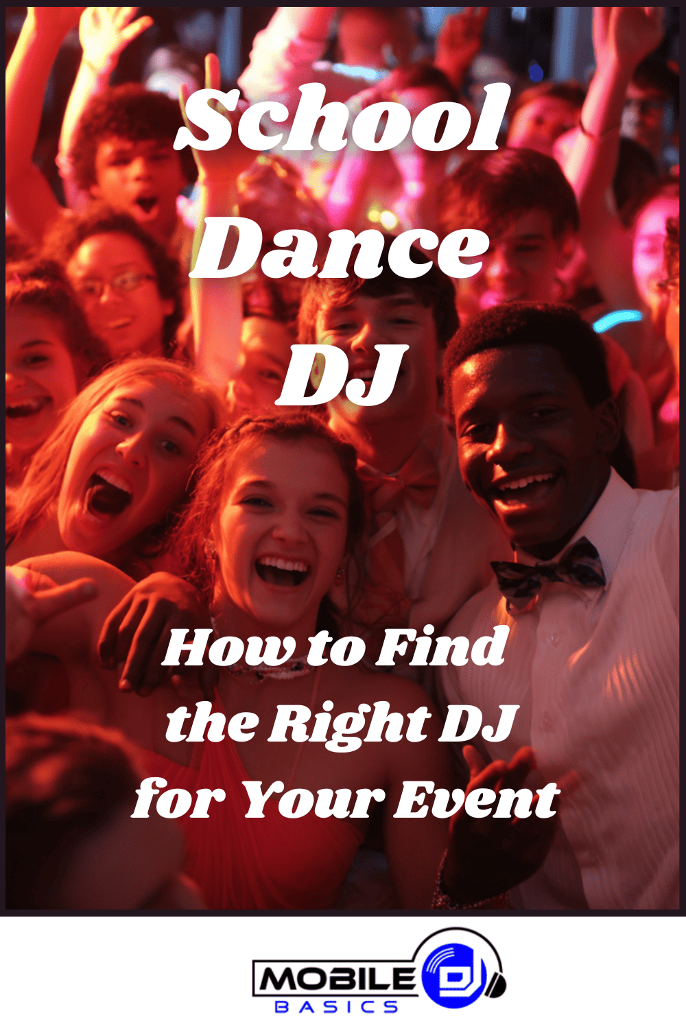 A group of teens smiling and dancing at a school event with colorful lighting, promoting guidance on finding the right school event DJ and showcasing top-notch teen dance entertainment.