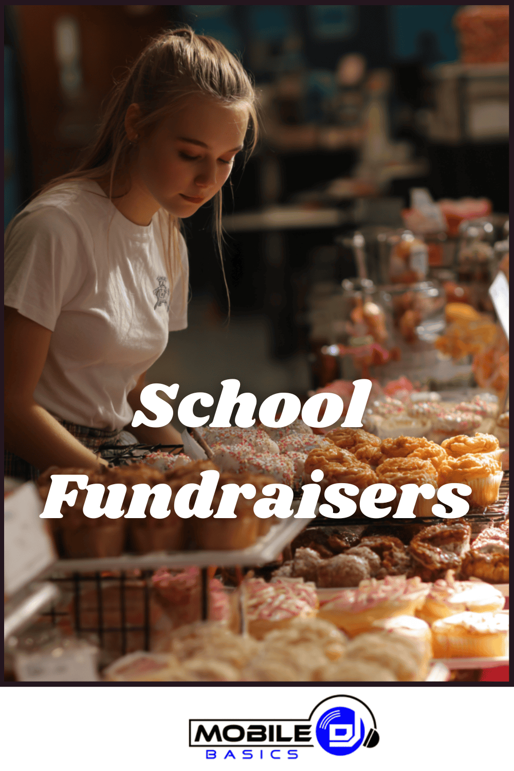 Young woman arranging baked goods on a table at a bake sale with the text "School Fundraisers" over the image. Various pastries and cupcakes are displayed, showcasing one of the most popular high school fundraising events and inspiring new school fundraising ideas.