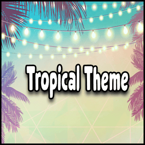 Text "Tropical Theme" over a pastel background with palm tree silhouettes and hanging string lights, creating a vibrant and inviting tropical theme atmosphere.