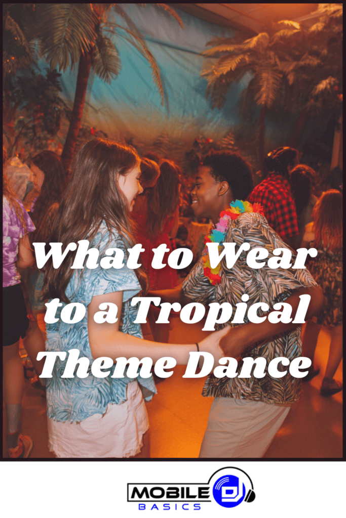 Teens wearing tropical shirts and leis dance at a tropical dance theme party decorated with palm trees and colorful lights.