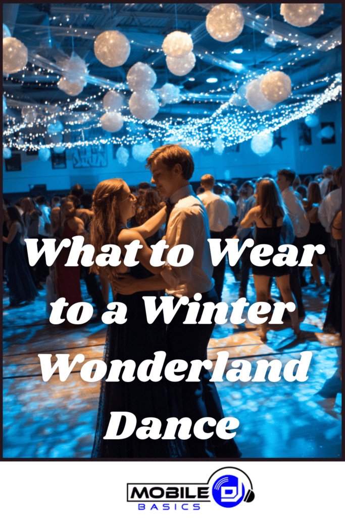 Couple dancing at a winter wonderland dance with string lights, surrounded by other guests; text reads "What to Wear to a Winter Wonderland Dance."