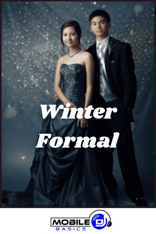 Young couple in formal attire posing together at the Winter Formal, set against a sparkling background with "Winter Formal" text elegantly overlaid.