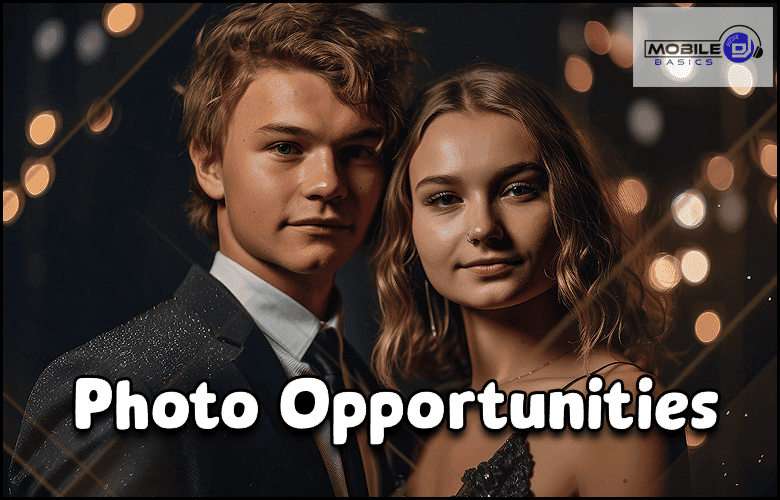 A young man and woman dressed formally stand close together at the Winter Formal, with blurred lights in the background and the text "Photo Opportunities" overlaid.