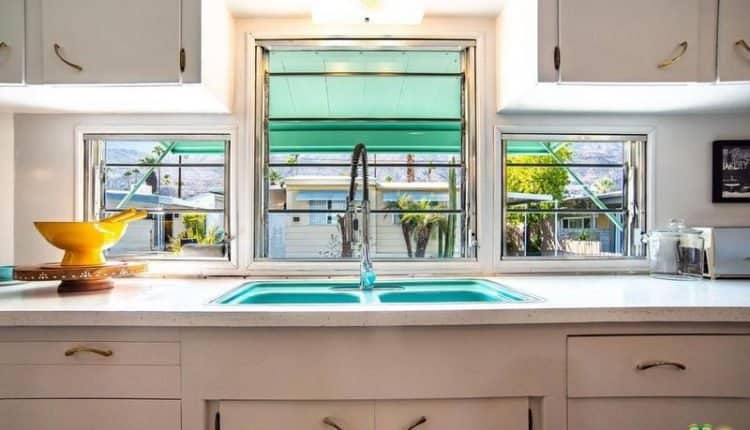 1962 Skyline is a Vintage Mobile Home Beauty -Teal Kitchen Sink