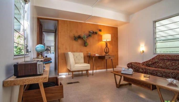 1962 Skyline single wide is a Vintage Mobile Home Beauty - natural wood accent wall in living room