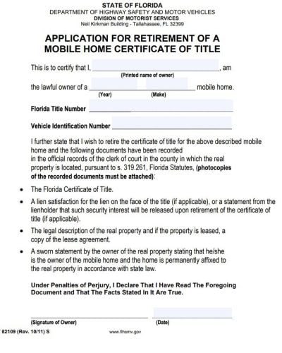 application for retirement of mobile home certificate of title in FLorida