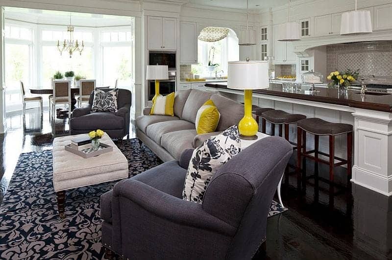 living room decor- grey and yelloow