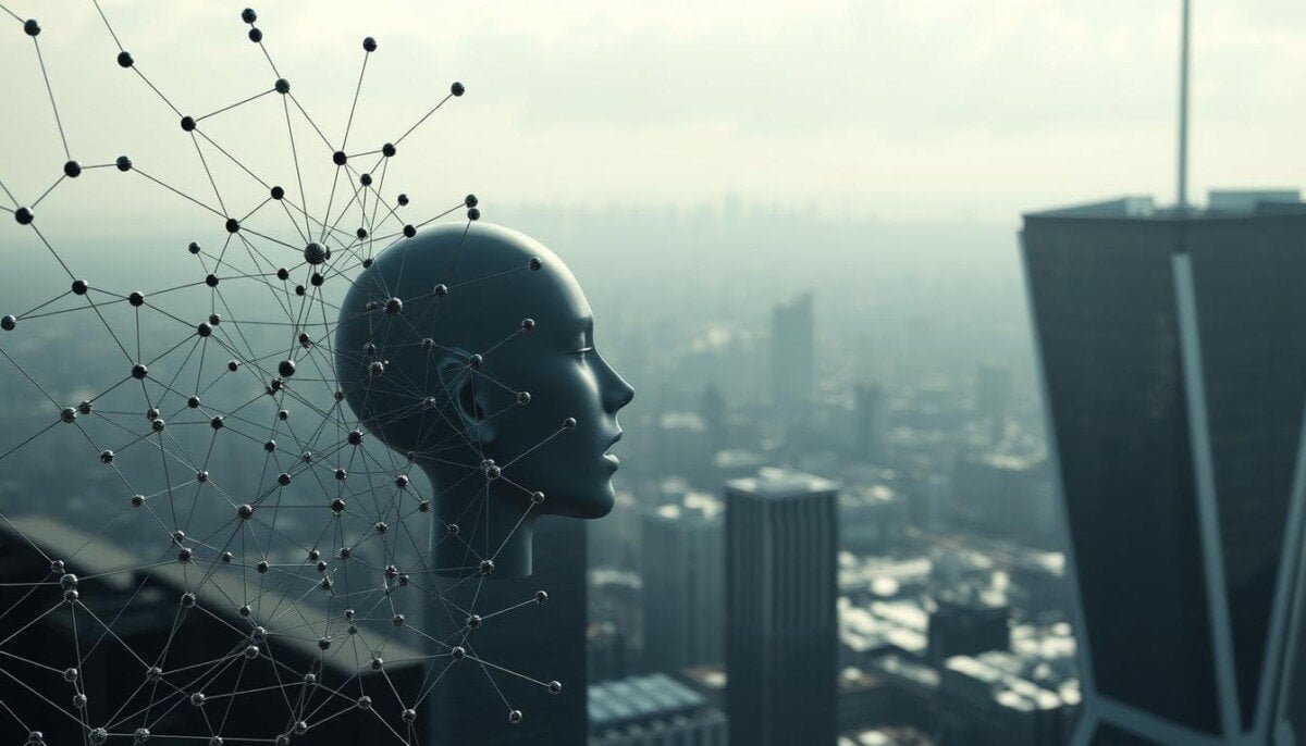 Best AI Productivity Tools A highly detailed, hyper-realistic image of machine learning in natural language processing. The foreground depicts a complex neural network diagram with interconnected nodes and layers, symbolizing the intricate algorithms powering NLP tasks. The middle ground showcases a 3D model of a virtual human head, its mouth open as if speaking, representing the natural language input. In the background, a muted, futuristic cityscape with sleek, angular architecture conveys the advanced technological environment in which NLP thrives. Dramatic lighting casts long shadows, creating a sense of depth and emphasizing the sophisticated nature of the subject. The overall mood is one of scientific innovation and analytical precision.