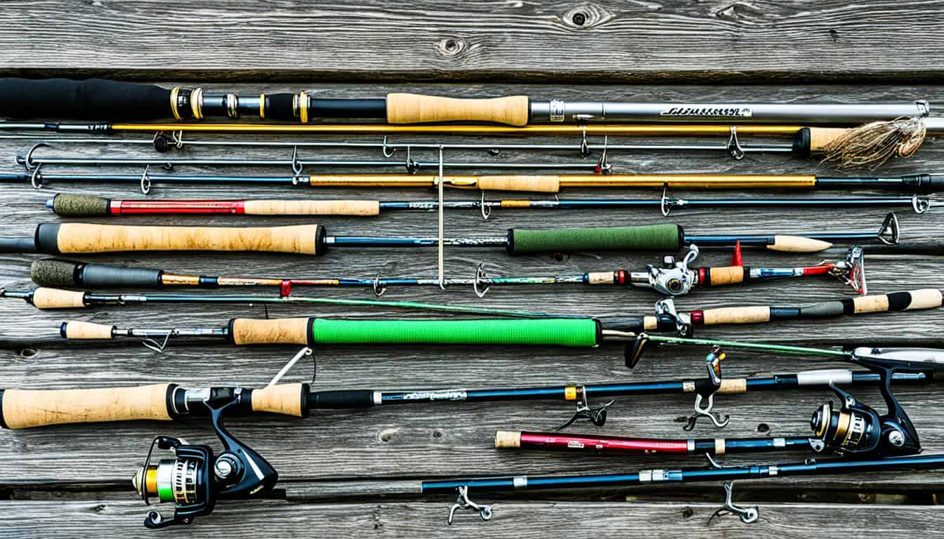 Fishing rods organized on wall hangers in a garage