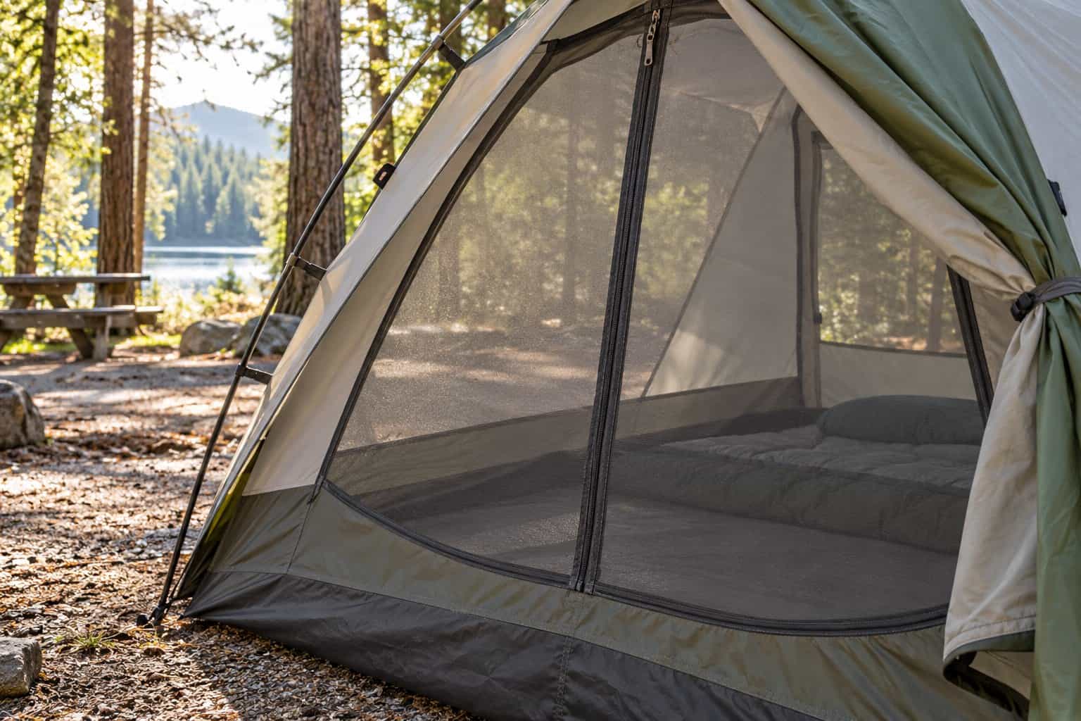AI-generated illustration of a zipped tent mesh door at a campsite