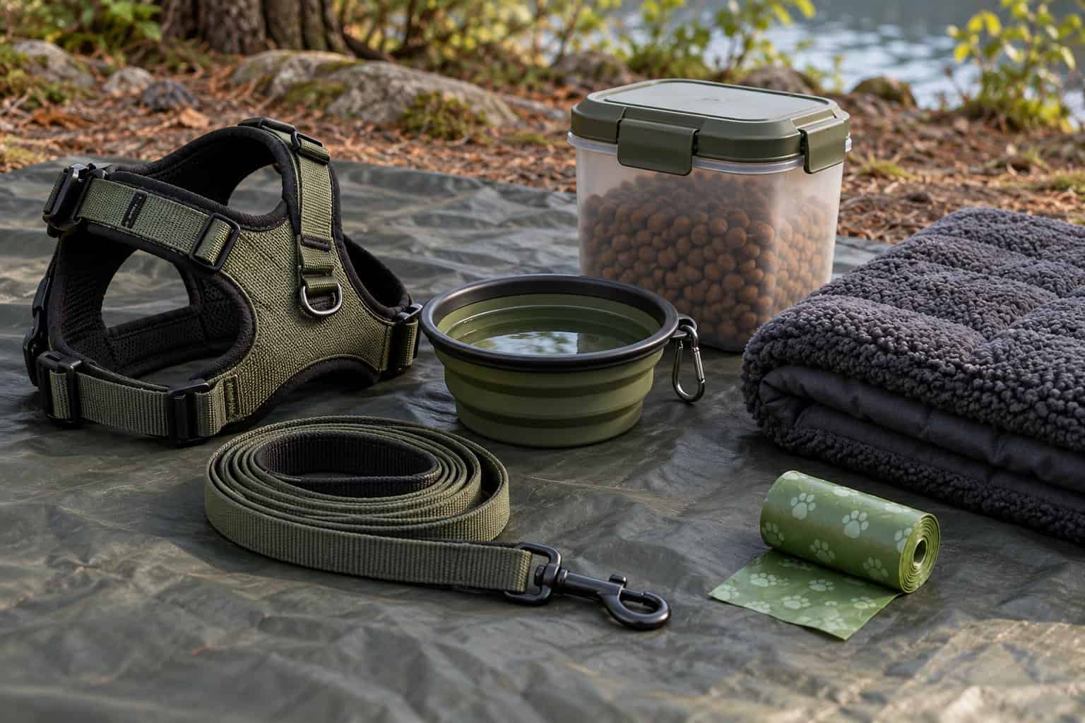 Dog lead, harness, water bowl, food container and bedding packed for camping