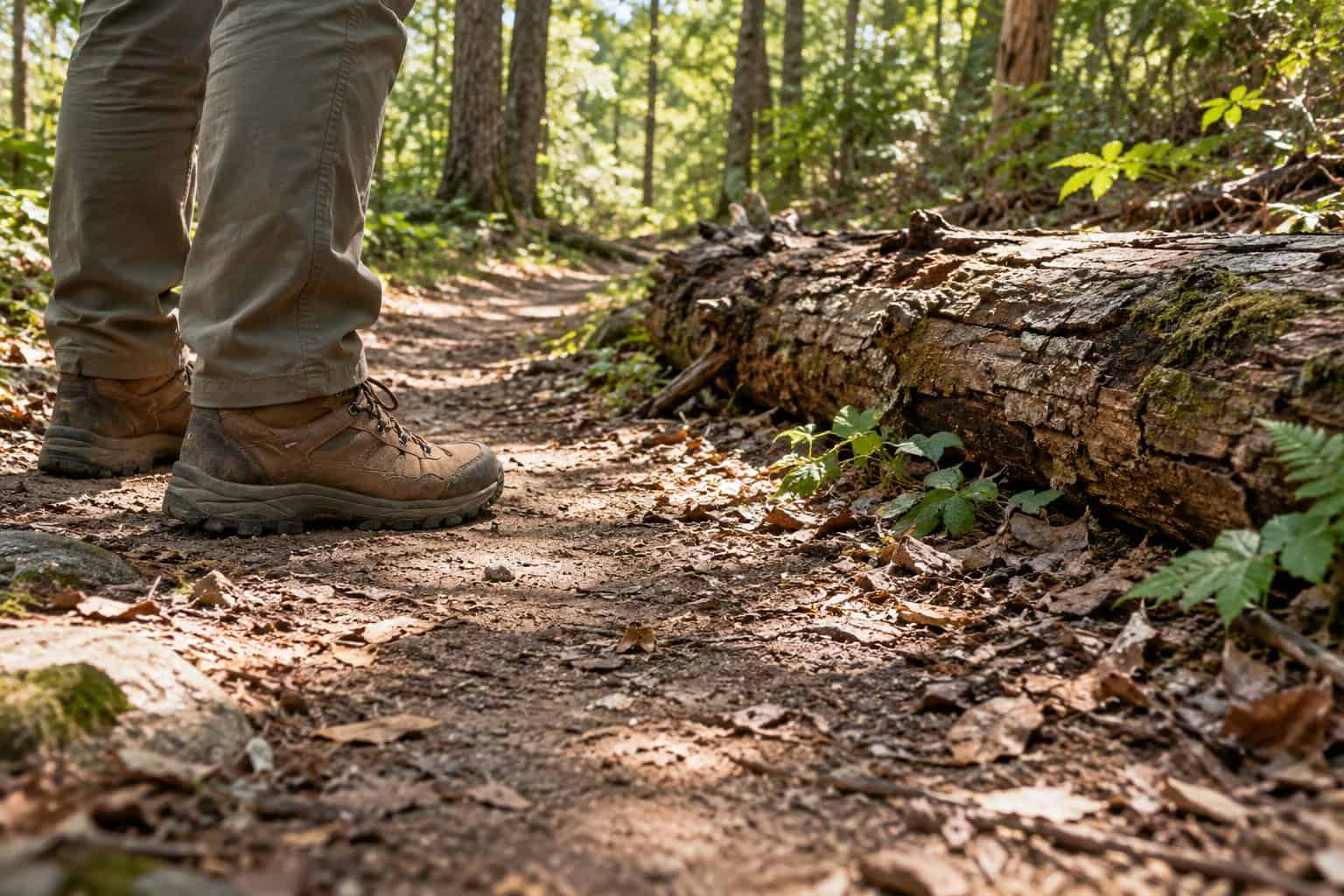 Hiking boots and long trousers on a clear forest path beside a fallen log
