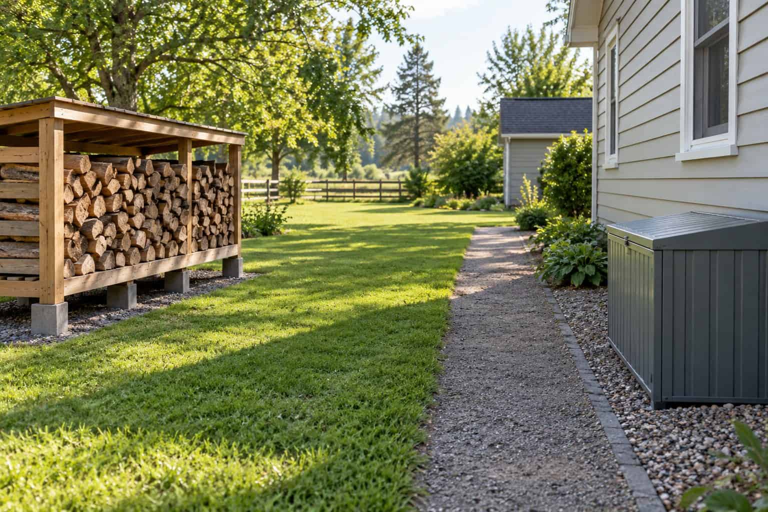 Trimmed yard with a clear path, raised firewood rack and closed storage bin