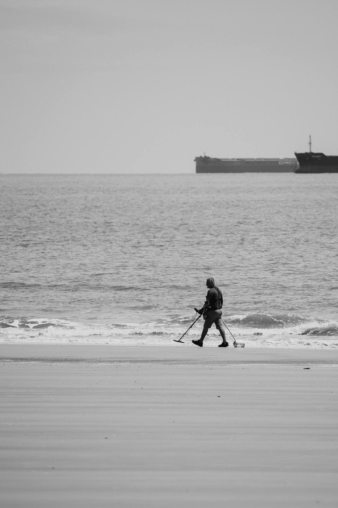 A person uses a metal detector with advanced coil options for gold detection on a sandy beach near the shoreline, while a large ship is visible in the background on the ocean.
