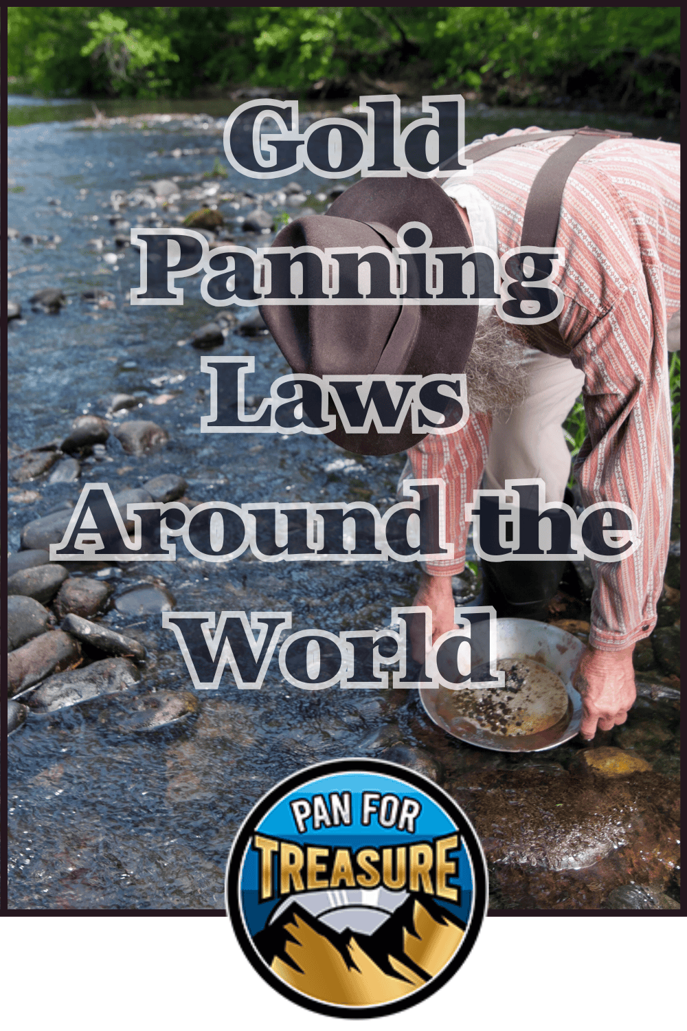 An older man gold panning in a stream, overlaid with the text "Gold Panning Laws Around the World" to highlight key regulations, and a "Pan for Treasure" logo at the bottom.