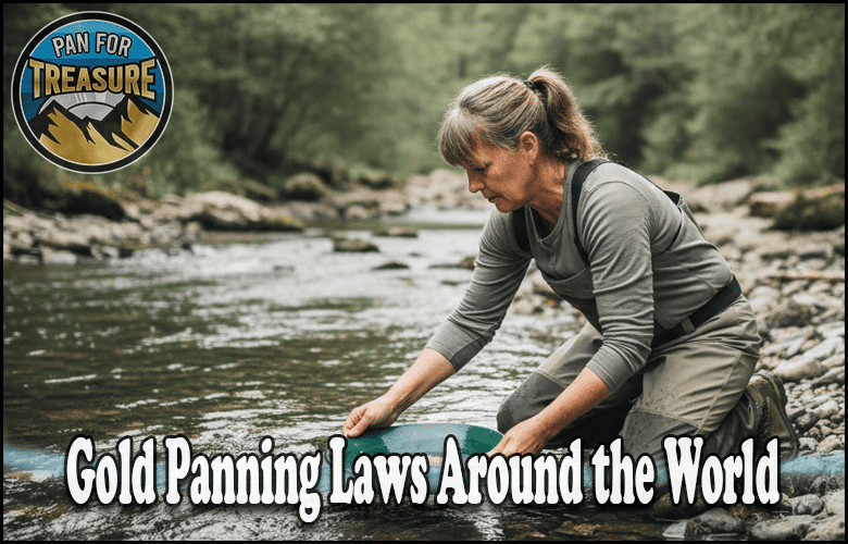 A woman gold panning in a river surrounded by trees, with the text "Gold Panning Laws Around the World" and a "Pan for Treasure" logo in the corner.