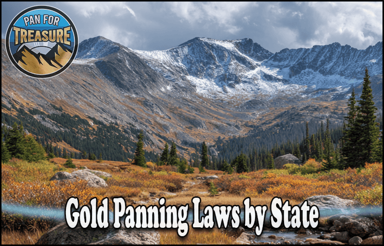 A scenic mountain landscape with trees and a stream, overlaid with the "Pan for Treasure" logo and the text "Gold Panning Laws by State," highlights essential information on state-specific regulations for gold seekers.