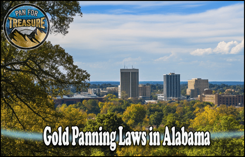 Downtown skyline of an Alabama city surrounded by trees, with a "Pan for Treasure" logo and the text "Gold Panning Laws in Alabama" featured prominently. Learn about local gold panning laws in Alabama amidst a scenic urban backdrop.