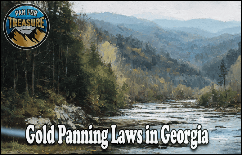 A river scene with mountains and trees under a cloudy sky; text reads "Gold Panning Laws in Georgia" to highlight the state's regulations, with a "Pan for Treasure" logo in the corner.