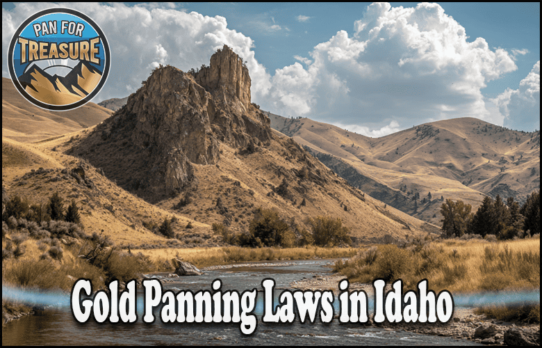 A scenic Idaho landscape with rocky hills, grassy fields, a river, and the phrase "Gold Panning Laws in Idaho" featured alongside a “Pan for Treasure” badge in the top left corner.