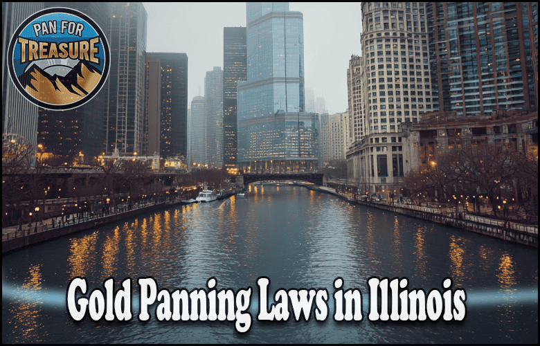 A city river scene with tall buildings on both sides, featuring the text "Gold Panning Laws in Illinois" and a "Pan For Treasure" logo in the corner, highlights rules for urban gold prospecting.