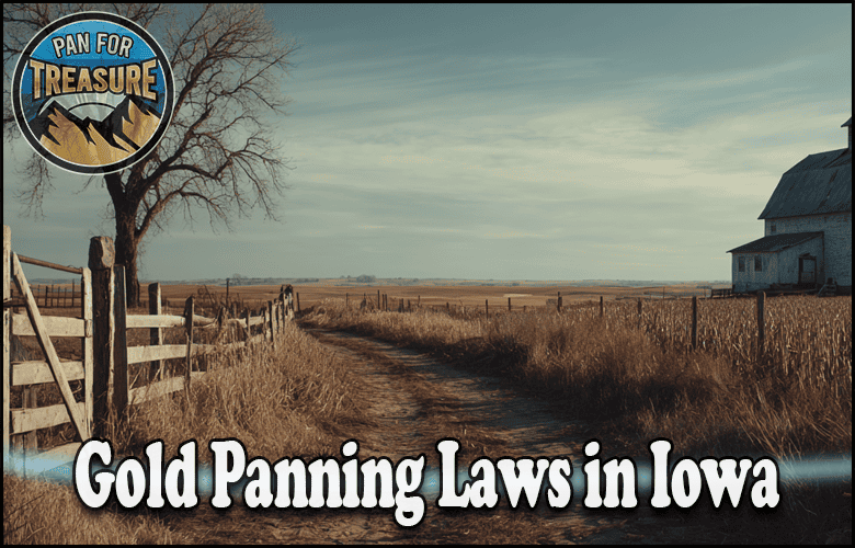 A rural dirt road in Iowa with a barn, fields, and a leafless tree under a blue sky highlights Gold Panning Laws in Iowa. Text reads, "Gold Panning Laws in Iowa" with the "Pan For Treasure" logo.