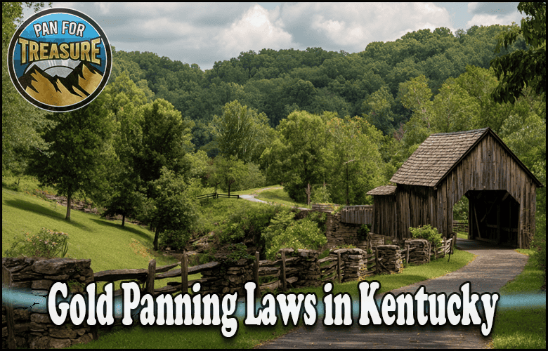 A rustic wooden bridge on a rural road surrounded by green trees and hills, highlighting “Gold Panning Laws in Kentucky.”.