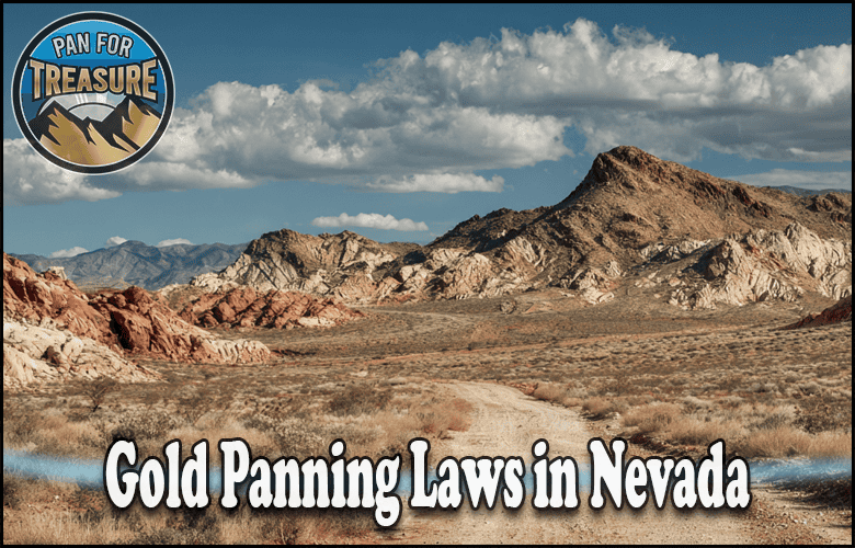 A dirt road winds through a rocky desert landscape beneath a partly cloudy sky, with text: "Gold Panning Laws in Nevada" and a logo reading "Pan for Treasure." Discover the rules for gold prospecting in this stunning scenery.