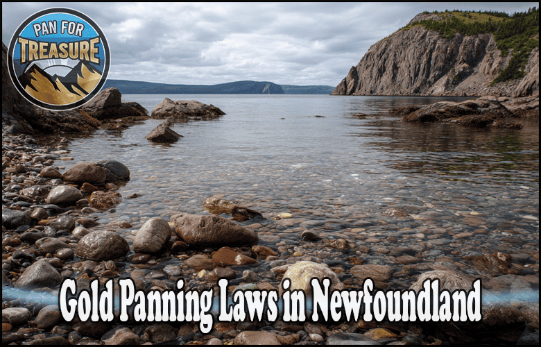 Rocky shoreline with clear water and distant cliffs under a cloudy sky; "Gold Panning Laws in Newfoundland and Labrador" and "Pan for Treasure" logo are overlaid on the image.
