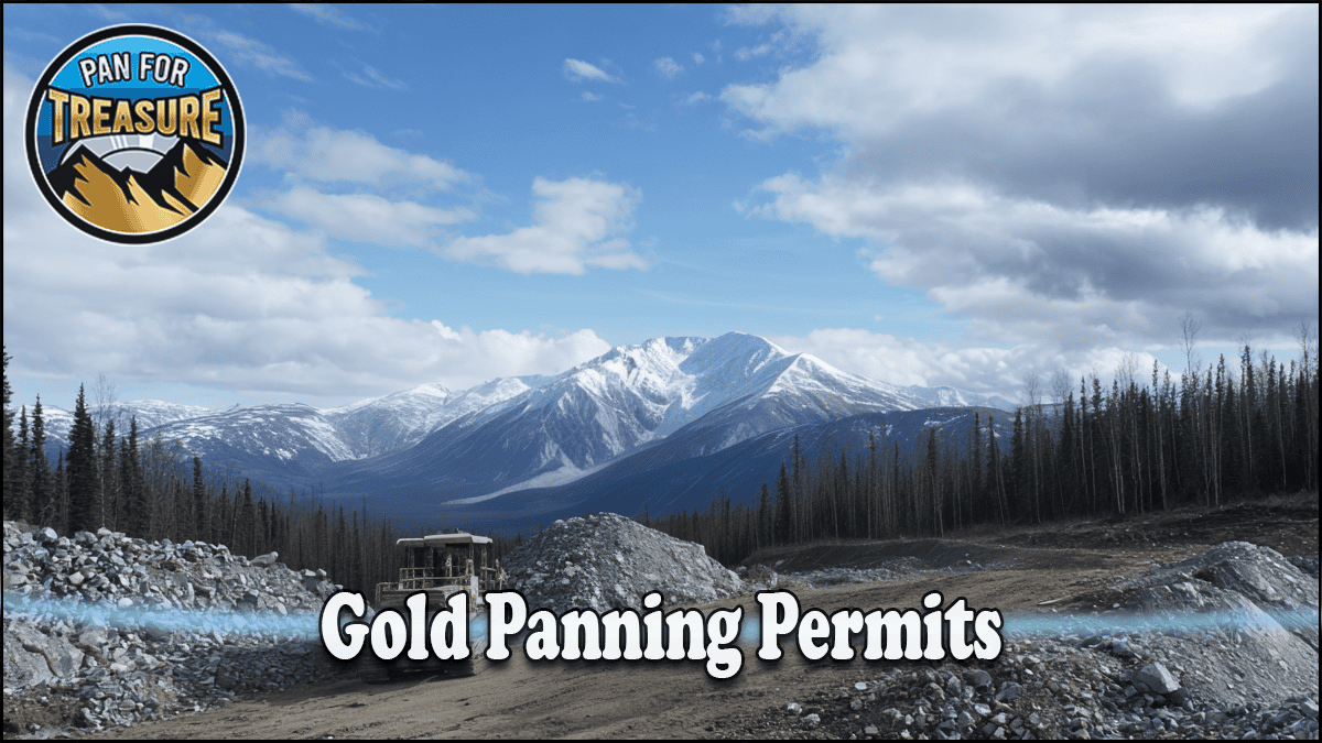 A mountainous landscape with coniferous trees, a mining machine, and a "Gold Panning Permits" text overlay capture the thrill of discovery. A round "Pan for Treasure" logo sits in the top left corner.