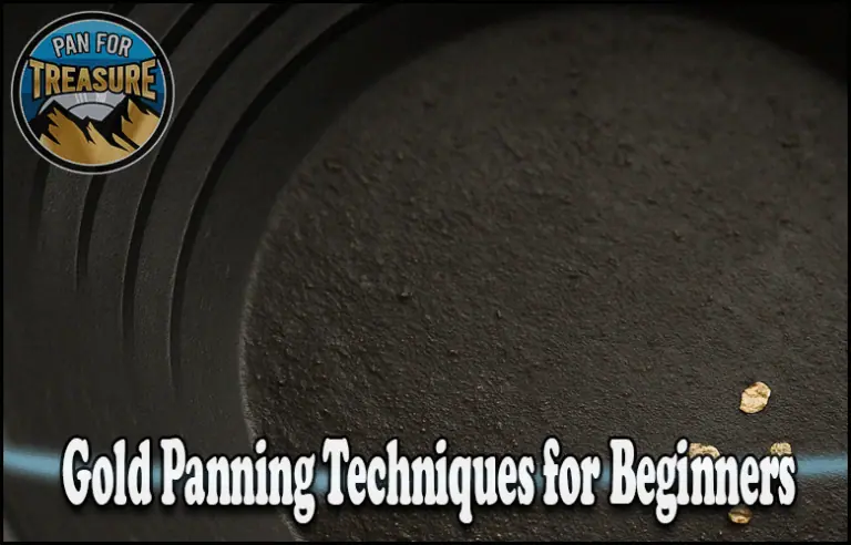 A black gold pan with a few small gold nuggets, featuring a "Pan for Treasure" logo and the text "Gold Panning Techniques for Beginners"—perfect for learning the basics of gold panning.