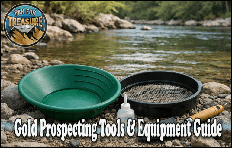 A green gold pan, a black sifting pan, a snuffer bottle, and a brush sit on rocks beside a river, showcasing essential Gold Prospecting Tools in this Equipment Guide.