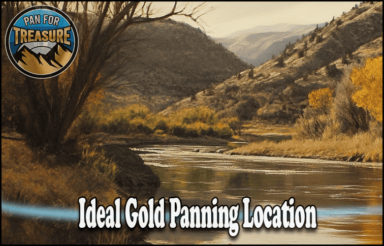 A river winds through a mountainous landscape dotted with trees and grass; text reads "Where to Begin: Selecting the Ideal Gold Panning Location," with a "Pan For Treasure" logo in the corner.
