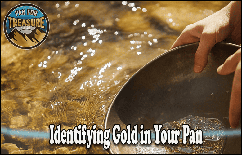 Close-up of hands holding a pan in a shallow stream, panning for gold, with text "Reading the Signs: Identifying Gold in Your Pan" and a "Pan For Treasure" logo in the corner.