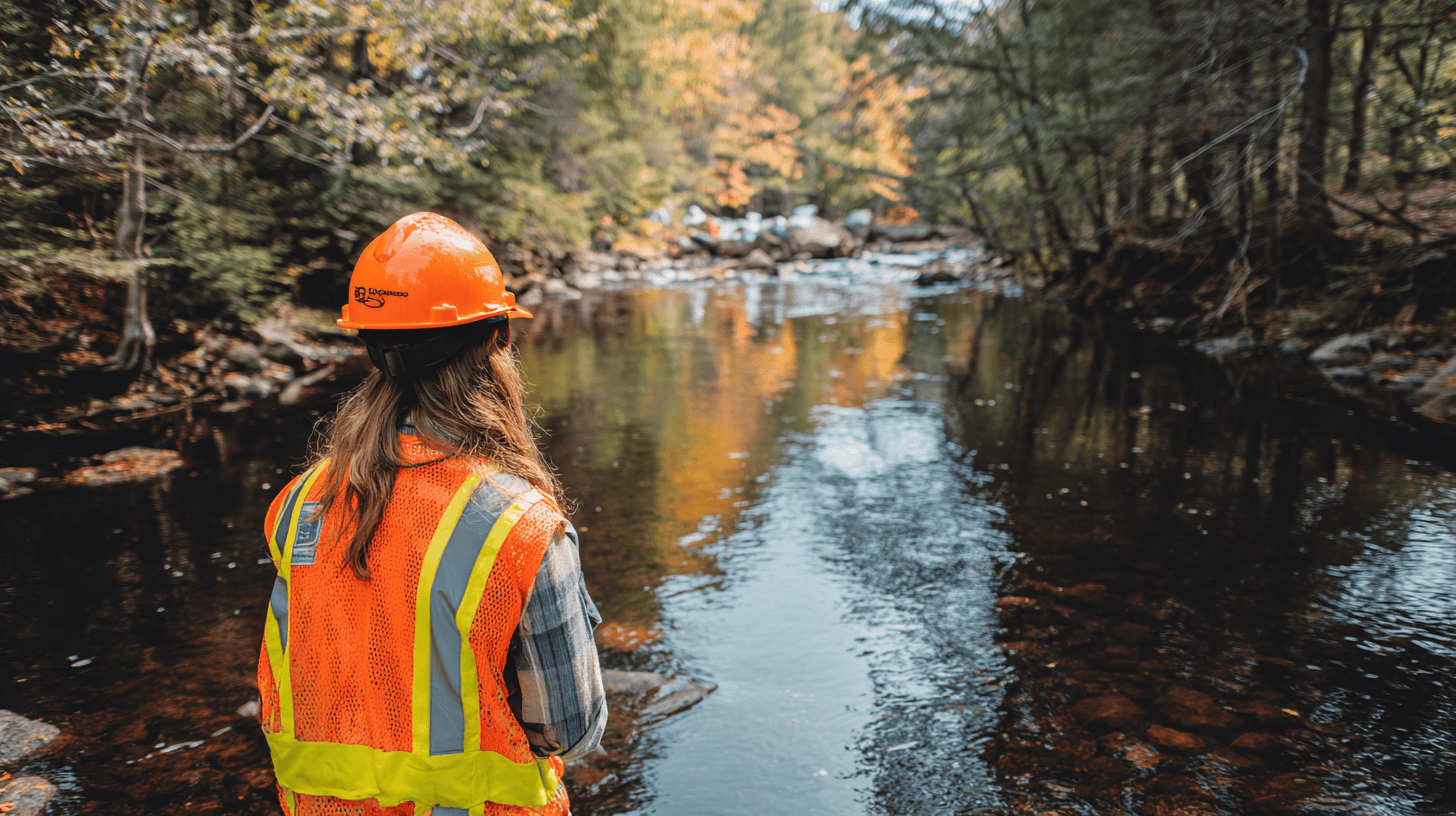 Person wearing an orange safety vest and hard hat stands by a forest stream, embodying "Safety First: Important Precautions for Novice Gold Prospectors" while gazing at the autumn-hued water and trees.
