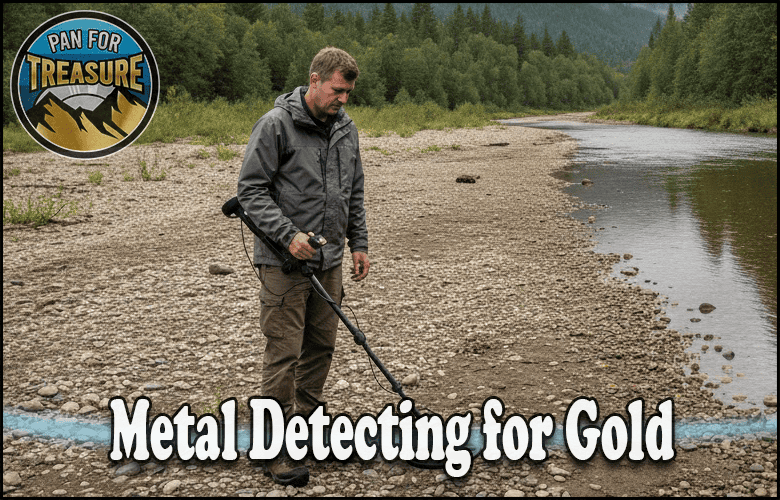 A man uses a metal detector along a rocky riverbank, surrounded by trees, with the text "Metal Detecting for Gold" featured prominently and a "Pan for Treasure" logo.