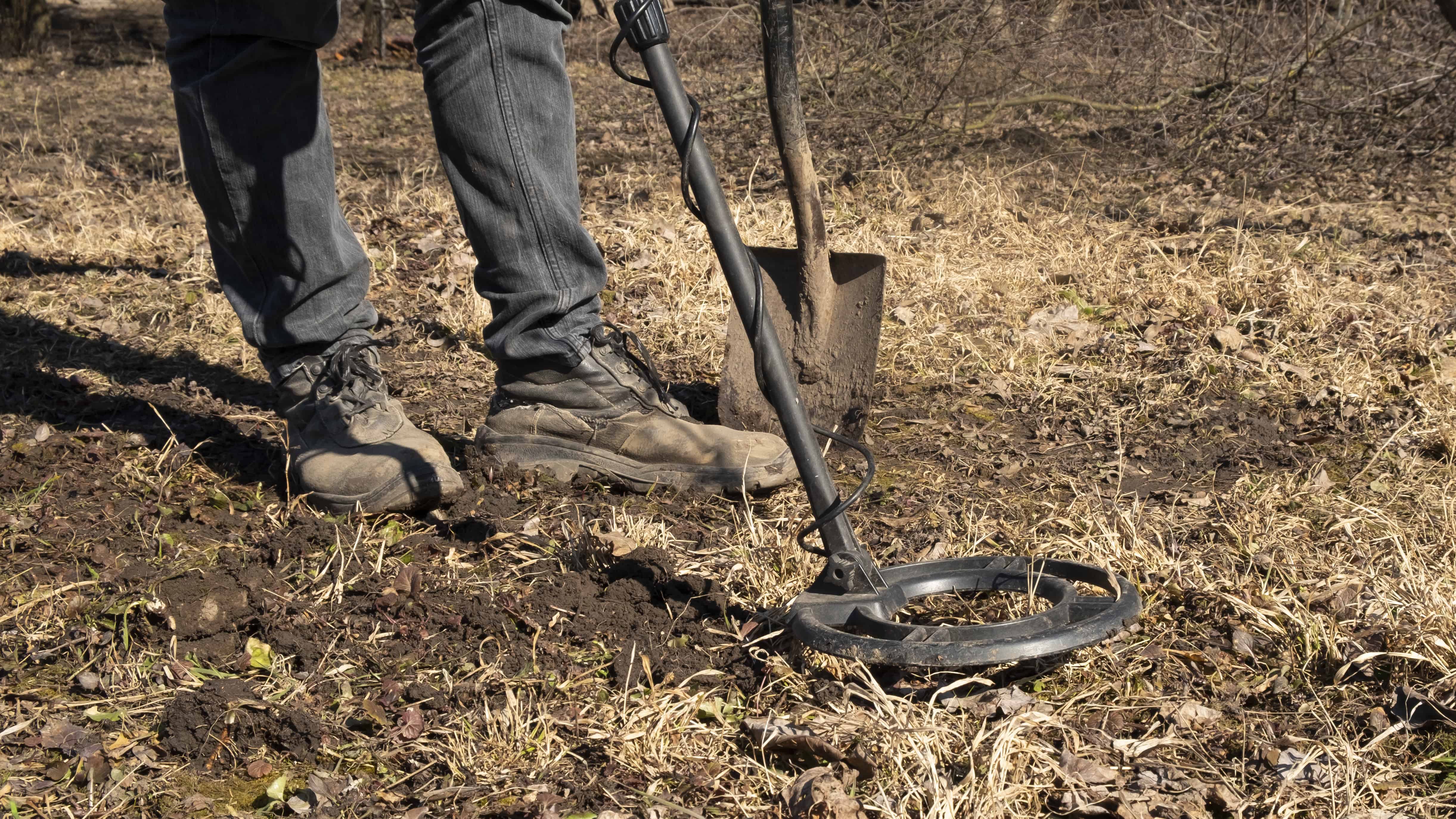 A person using one of the latest Metal Detectors for Gold stands next to a shovel on dry, grassy ground, searching for hidden treasures.