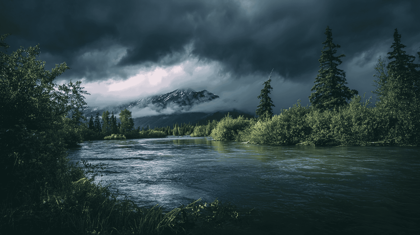 A river flows through a forested landscape with tall pine trees, under a cloudy sky and a partially snow-capped mountain—an ideal setting to consider seasonal tips for beginner prospectors adapting to weather changes in nature.