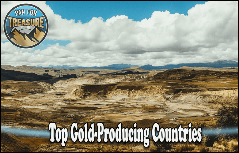 A wide view of rolling hills beneath a cloudy sky, featuring the text “Top Gold-Producing Countries” and the “Pan for Treasure” logo in the corner, highlights regions known for their rich gold resources.