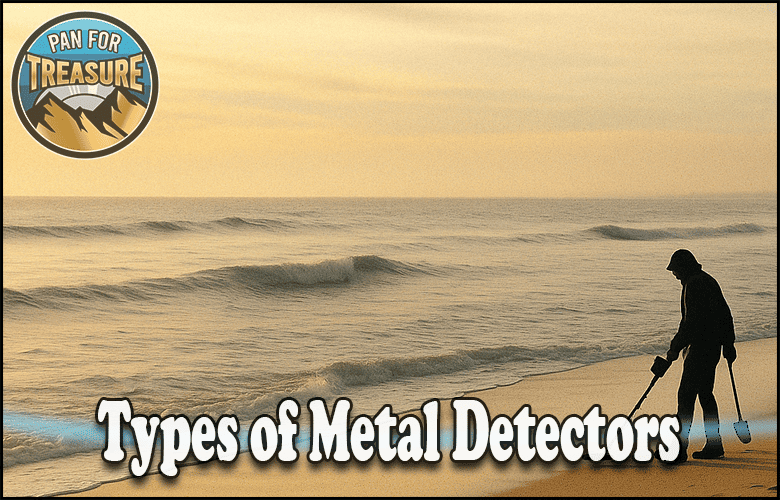 A person uses a metal detector on a sandy beach at sunset. The image features the text "Metal Detector Types" and a circular "Pan For Treasure" logo.