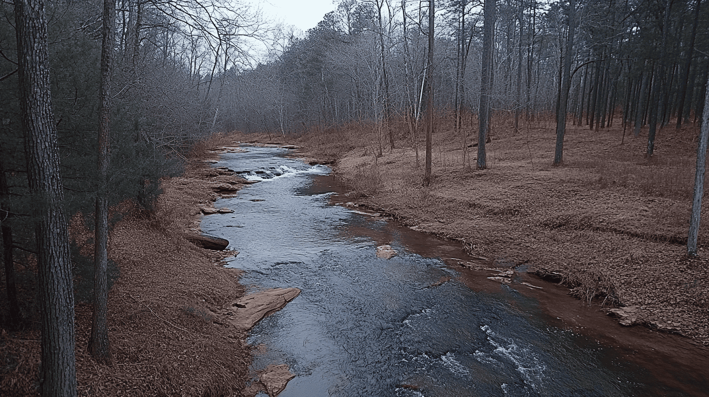 A calm, shallow river flows through a forest of leafless and evergreen trees on a cloudy day, brown grass covering the banks—an ideal setting for those wondering: what are signs of gold in a creek?.